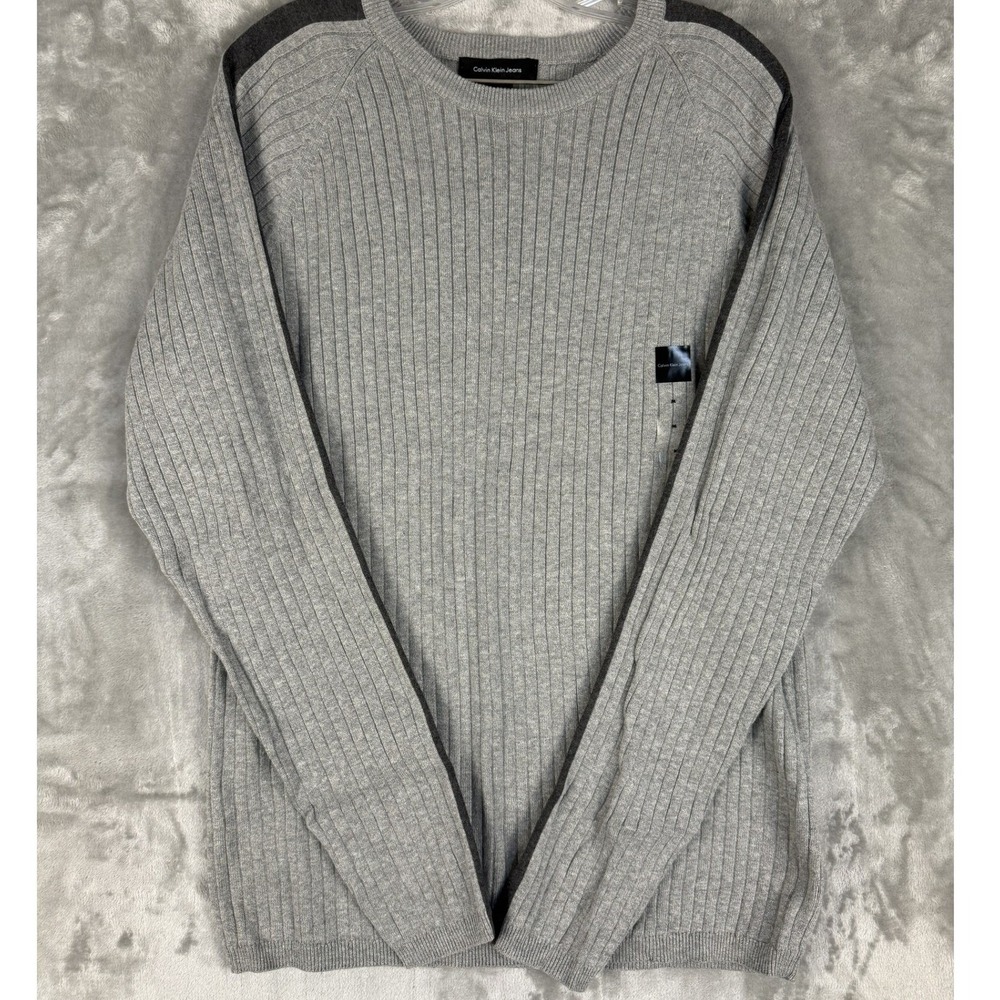 Y2K Calvin Klein Jeans Men Ribbed Sweater Crew Neck Long Sleeve Gray Size L
